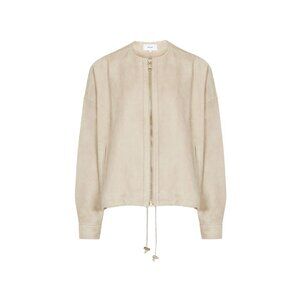 Reiss Solene Suede Bomber Jacket L Cream Tan Leather Zip-Up Designer Outerwear